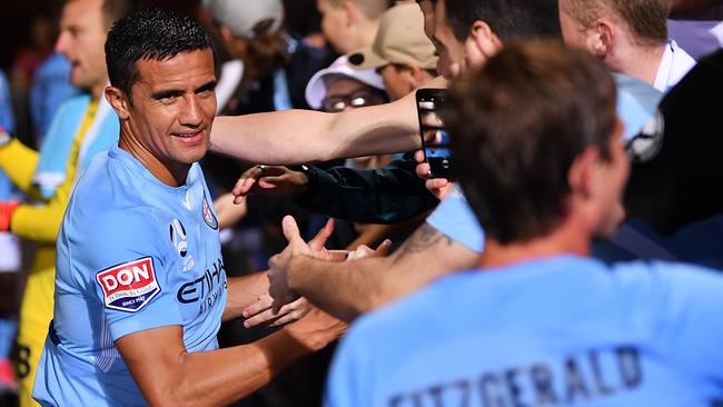 Tim Cahill celebrates with fans. Picture: Getty Images.