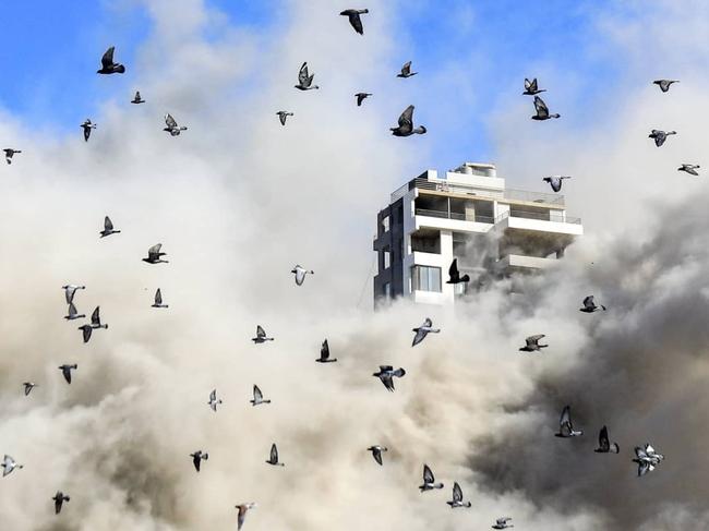 Birds scattered after an Israeli airstrike in a suburb of Beirut. Picture:: AFP/Getty Images