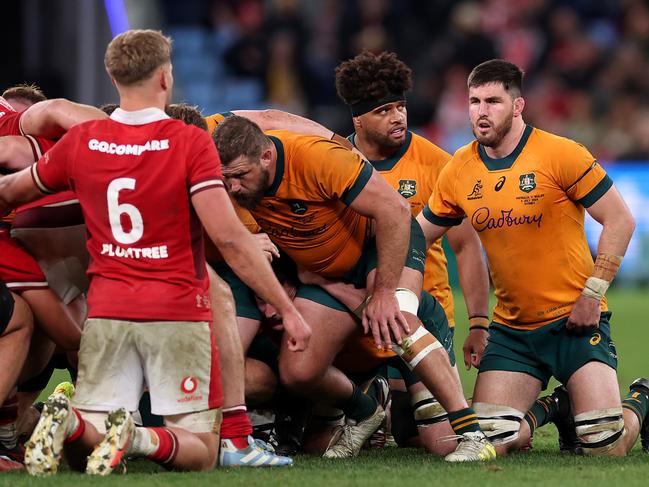 Liam Wright (right) made his Wallabies return against Wales before suffering a shoulder injury. Picture: Cameron Spencer/Getty Images