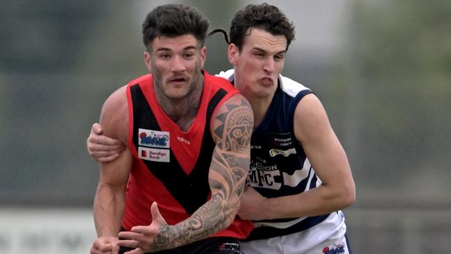 Western RamsÃ Brandon Watts and MacedonÃs  Zachary Smedley during the RDFL Western Rams v Macedon football match in Rockbank, Saturday, June 3, 2023. Picture: Andy Brownbill