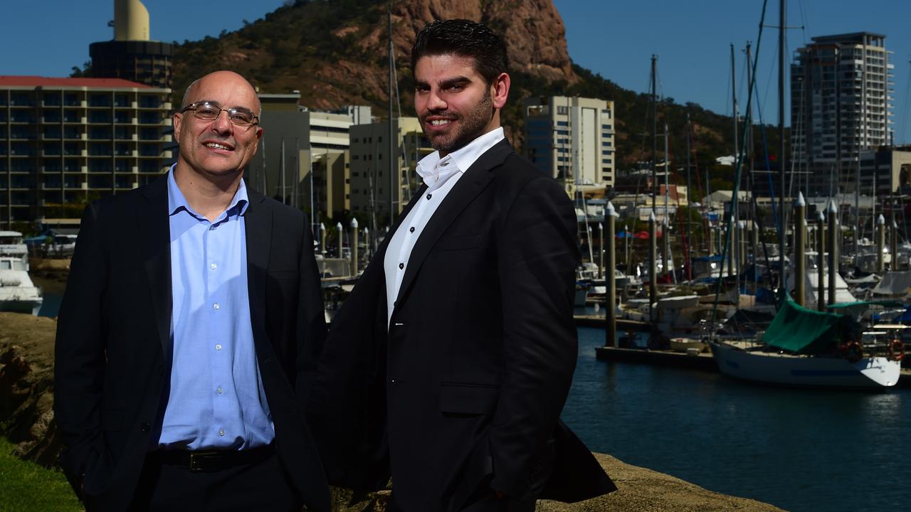 Former Magnis Resources CEO Frank Houllis and Boston Global executive director Corey Cooney in Townsville in 2018. Picture: Evan Morgan