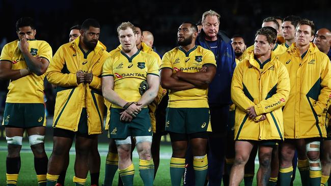 The Wallabies look on after losing at Eden Park in Auckland.