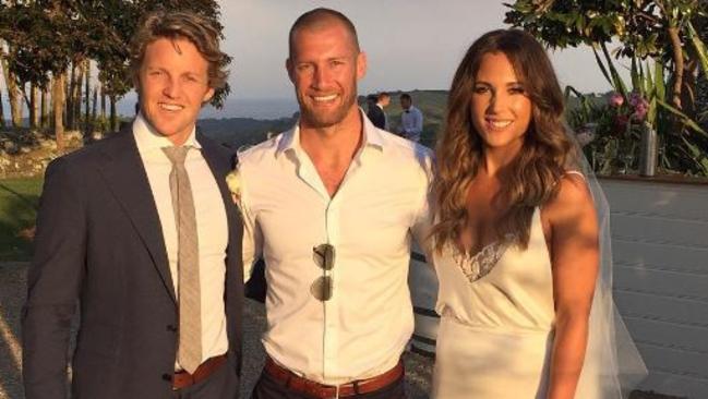 Newlyweds Rory Sloane and Belinda Riverso with Scott Thompson, centre. Pictures: Instagram