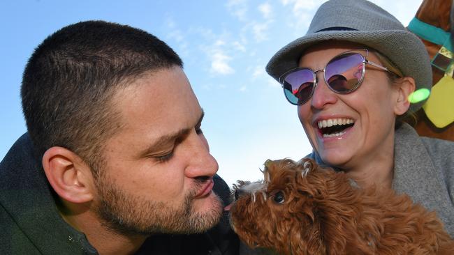 Brendan Fevola and Fifi Box, at a dog party, in 2018 are close friends and colleagues. Picture: Nicole Garmston