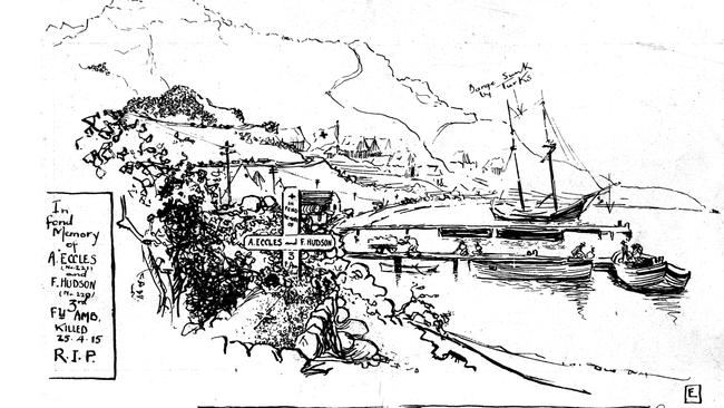 Eltham’s sketch titled “The Grave of Two Tasmanians — North Beach” at Gallipoli, in memory of his friends Alfred Eccles and Frank Hudson.