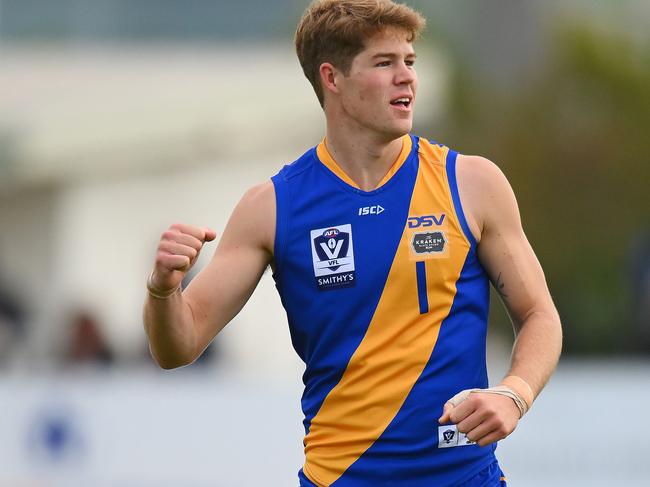 Corey Ellison celebrates a goal for Williamstown last year. Photo: Morgan Hancock/AFL Photos