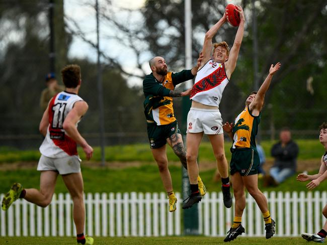 NFNL: James Minahan flies high for Eltham. Picture: Josh Chadwick