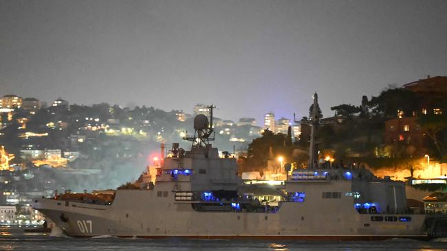 One of three Russian ships, an Ivan Gren class large landing ship the "Pyotr Morgunov" sails through the Bosphorus Strait en route to the Black Sea. Picture: AFP.