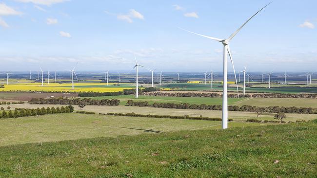 Wind turbines are set across The Homestead property at Mt Mercer.