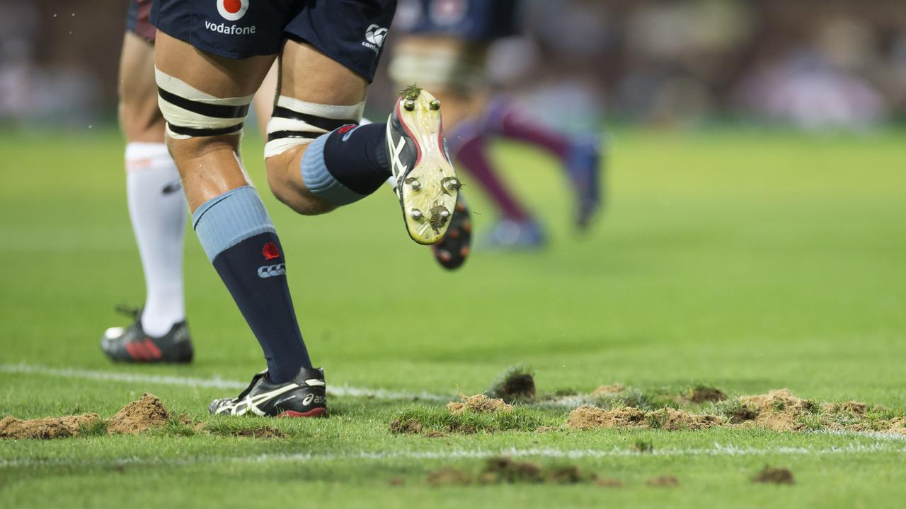 The chewed up SCG surface after a scrum between the Waratahs and Reds.