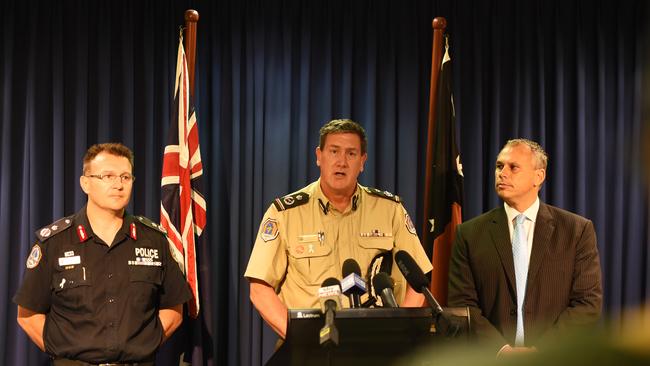 Chief minister for the Northern Territory Adam Giles addresses media during a press conference in Parliament House in response to the treatment of juveniles at Don Dale Detention Centre in Berrimah, NT - L to R Chief minister for the Northern Territory Adam Giles, Corrections commissioner Mark Payne and NT Commissioner of Police Reece Kershaw.