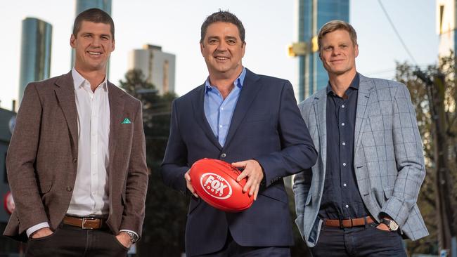 Jonathan Brown, Garry Lyon and Nick Riewoldt will lead On The Couch this year. Picture: Jason Edwards