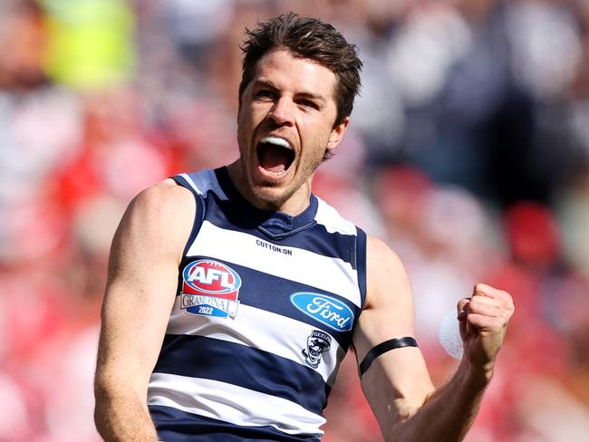 Isaac Smith celebrates a big grand final goal. Picture: Mark Stewart