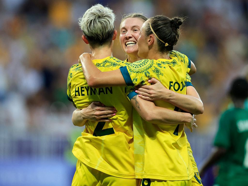 Australia's forward #02 Michelle Heyman celebrates scoring her team's sixth goal with teammates in the women's group B football match between Australia and Zambia during the Paris 2024 Olympic Games at the Nice Stadium in Nice on July 28. Picture: Valery Hache/AFP