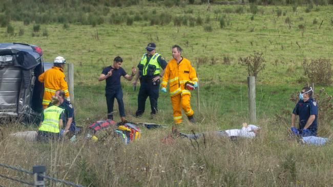 ELECTION TEAM 2022 LIBERAL BUS TOUR 14/4/2022 3 occupants crash their car and roll on the road to Davenport from Launceston Tasmania. Picture: Jason Edwards