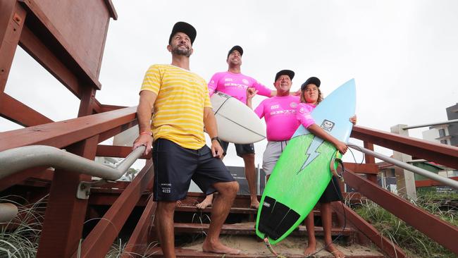 Gold Coast surfing group Palm Beach Boardriderswith Eager Beaver Charity Surf Contest organiser Dan Binskin, Club President Ben Ingwersen, local surf guru Terry ‘Tappa’ Teece, and Palm Beach boardrider Yadin Wilson. Picture Glenn Hampson