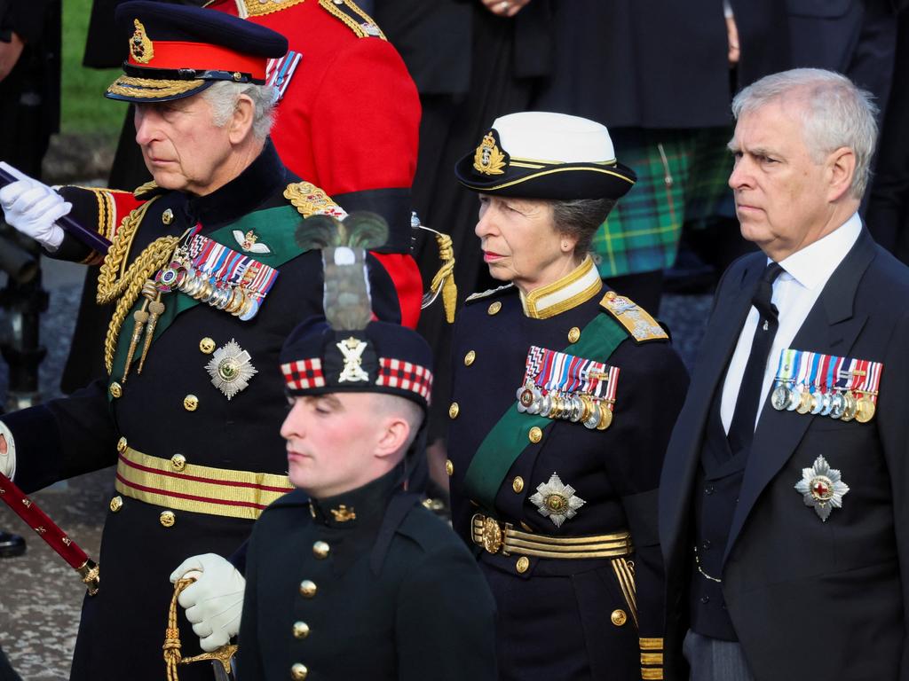 King Charles III, Princess Anne and Prince Andrew walk behind the hearse carrying the coffin of Queen Elizabeth II in Edinburgh, Scotland. Picture: Getty Images