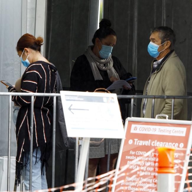 Day 2 in lockdown. Members of the public line up to get tested for Covid at the Gold Coast hospital. Picture: Tertius Pickard