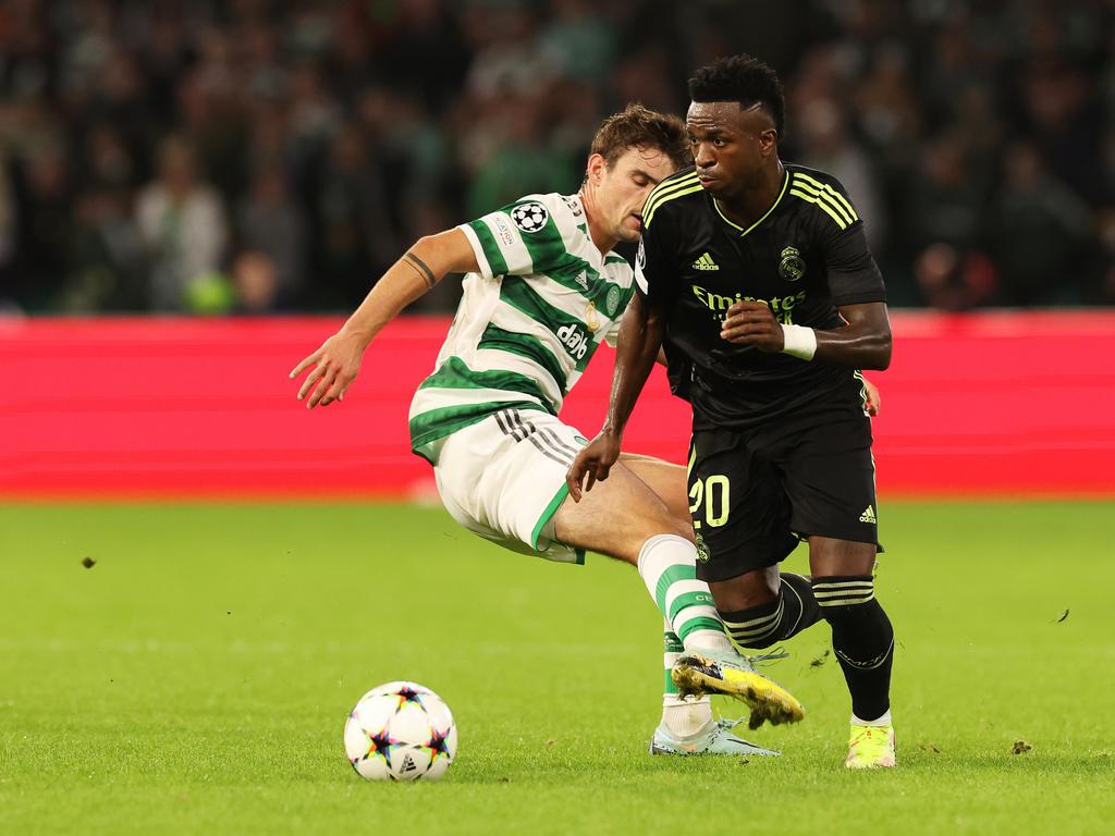 Goalscorer Vinicius Junior gets the better of Celtic’s Matt O'Riley in Real Madrid’s 3-0 win at Parkhead. Picture: Ian MacNicol/Getty Images