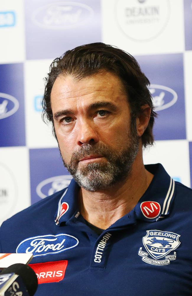 Geelong coach Chris Scott spoke to the media on Wednesday morning before training. Picture: Alan Barber