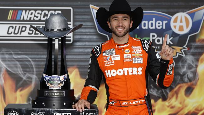 Chase Elliott, driver of the #9 Hooters Chevrolet, celebrates in victory lane after winning the NASCAR Cup Series AutoTrader EchoPark Automotive 400 at Texas Motor Speedway on April 14, 2024 in Fort Worth, Texas. (Photo by Sean Gardner/Getty Images)