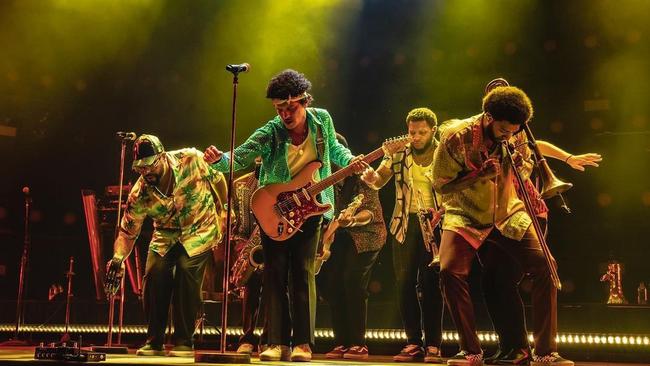 Bruno Mars (centre, with guitar) at Allianz Stadium in Sydney, in October 2022. Picture: supplied