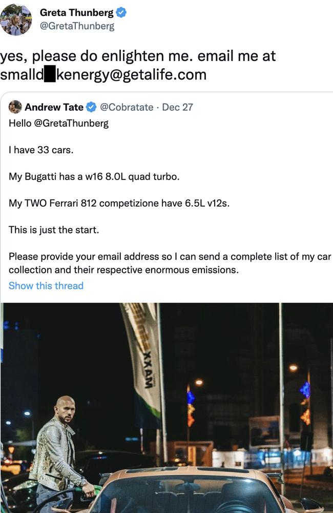 Greta Thunberg delivered the burn to Andrew Tate in a Twitter reply. Picture: Twitter