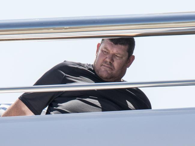 James Packer takes a quick rest after lunch on yacht IJE after taking possession of it. Picture Ella Pellegrini