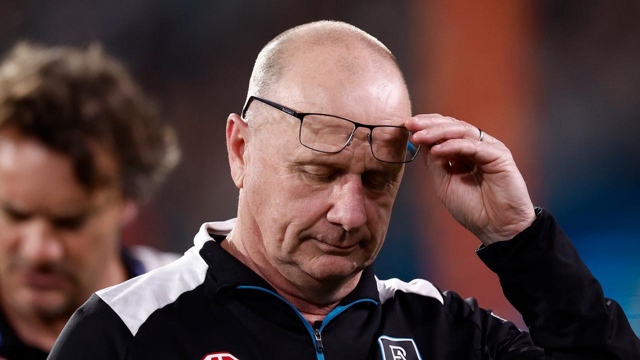 Ken Hinkley is coaching for his career once again after a flogging at the hands of Geelong writes Graham Conres. Picture: Michael Willson/AFL Photos via Getty Images