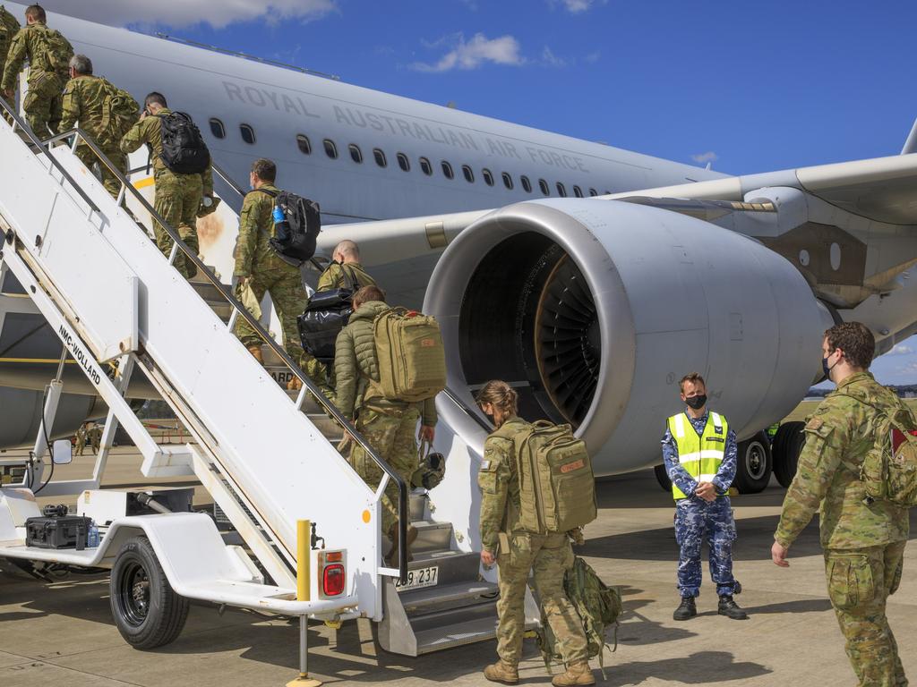 A contingent of Air Force and Army personnel board a waiting KC-30A Multi-Role Tanker Transport aircraft at RAAF Base Amberley bound for the Middle East to support evacuation efforts in Afghanistan. Picture: ADF CPL Brett Sherriff