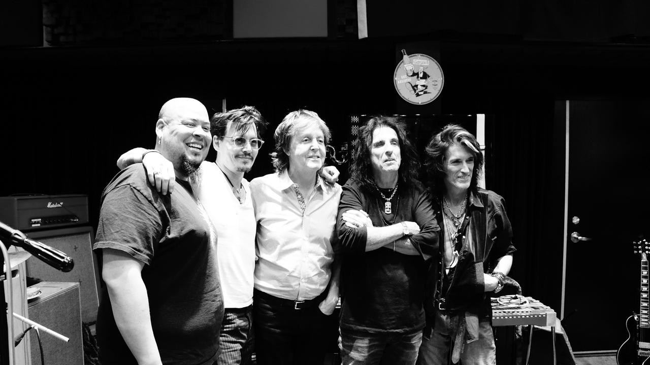 Hollywood Vampires recording session with Abe Laboriel (Paul McCartney's drummer), Johnny Depp, Paul McCartney, Alice Cooper and Joe Perry. Picture: Kyler Clark