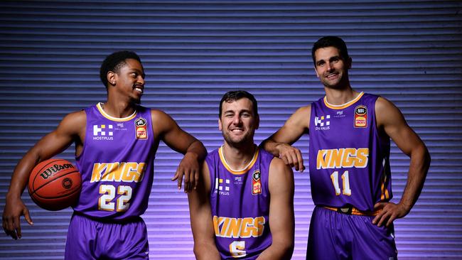 (L-R) Casper Ware, Andrew Bogut and Kevin Lisch of the Sydney Kings pose for a photo during a Sydney Kings 2019-20 NBL Season Media Launch at Auburn Basketball Centre in Sydney, Tuesday, October 1, 2019. (AAP Image/Joel Carrett) NO ARCHIVING