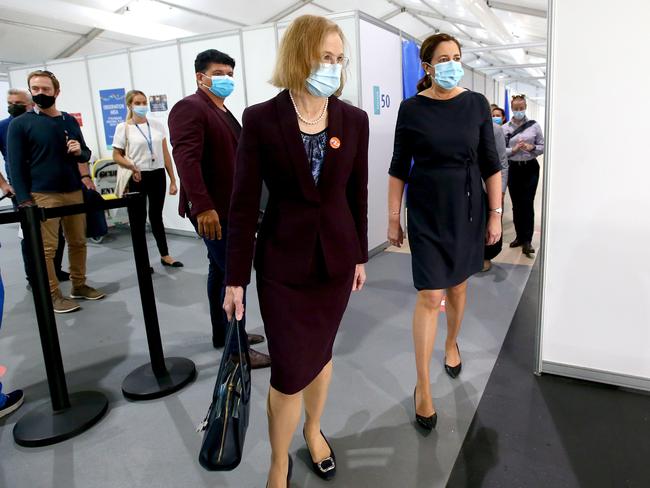 Queensland CHO Jeannette Young and Premier Annastacia Palaszczuk leave a Covid-19 vaccination hub on the Gold Coast yesterday. Picture: Jono Searle/NCA NewsWire