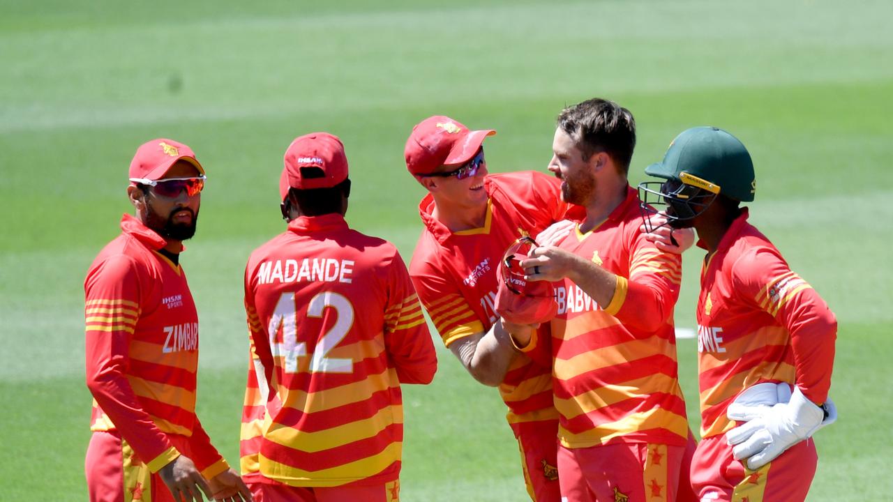 Game three of Dettol ODI series between Australia and Zimbabwe at Riverway Stadium. Zimbabwe's Ryan Burl on the way to a five wicket haul in three overs. Picture: Evan Morgan