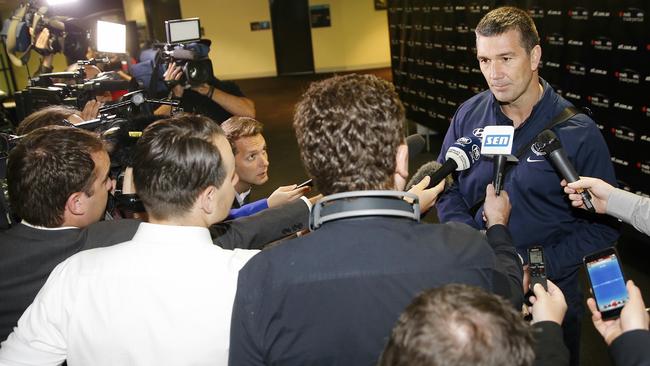 Carlton recruiting manager Stephen Silvagni is swamped by media. Picture: Michael Klein