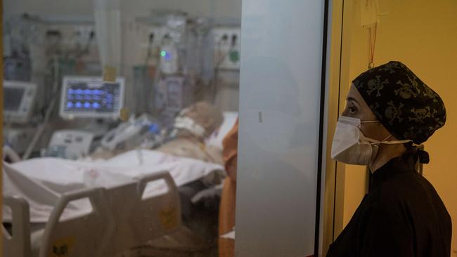 A medical worker monitors COVID-19 patients in the Prof. Dr. Cemil Tascioglu City Hospital, Intensive Care Unit (ICU) on May 07, 2020 in Istanbul, Turkey. Picture: Getty