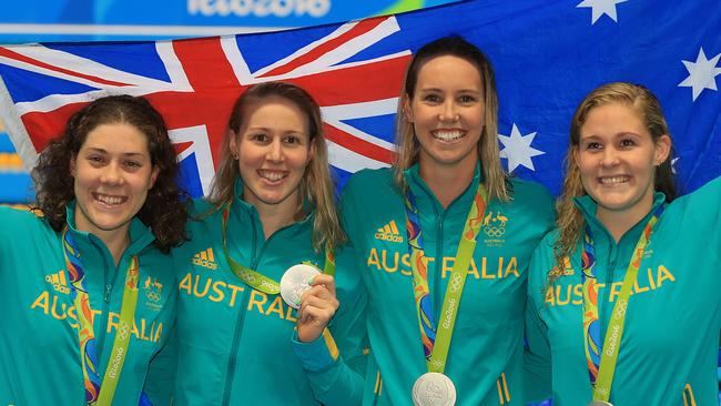 Tamsin Cook, Bronte Barratt, Emma McKeon and Leah Neale with their silver medals after the women’s 4x200m freestyle relay. Picture: Alex Coppel