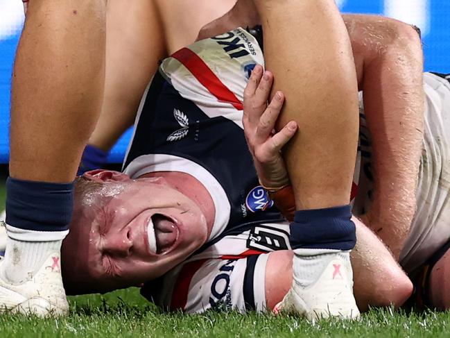 SYDNEY, AUSTRALIA - MAY 07:  Drew Hutchison of the Roosters reacts after a tackle during the round nine NRL match between the Parramatta Eels and the Sydney Roosters at Bankwest Stadium on May 07, 2021, in Sydney, Australia. (Photo by Cameron Spencer/Getty Images)