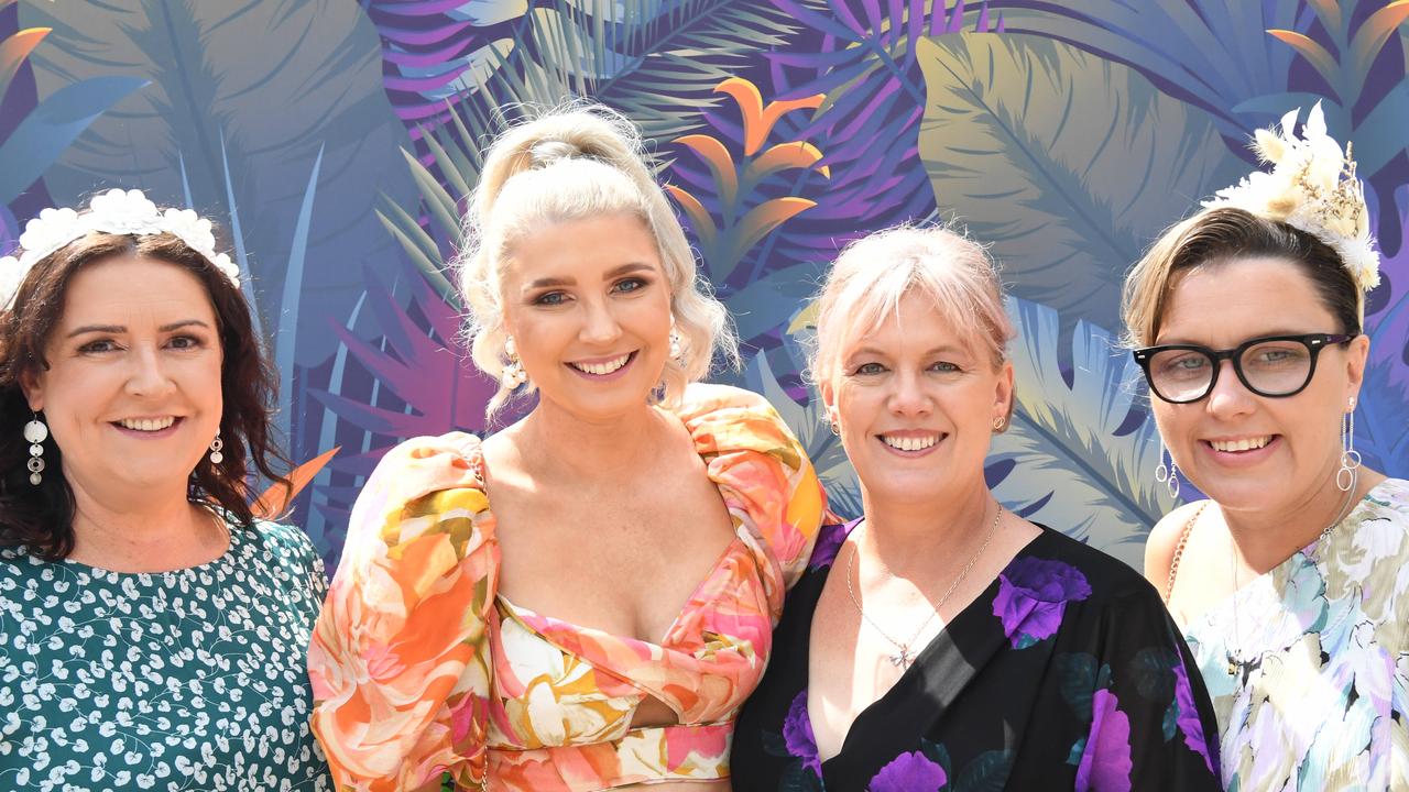 Janine Sherry, Hannah Fullford, Stephanie Kaye,Loretta Mathews at the 2022 Darwin Cup. Picture: (A)manda Parkinson