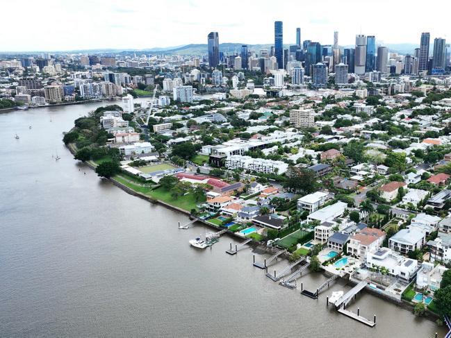 Aerial view large riverfront houses in the inner city Brisbane suburb of New Farm. The suburb has some of the Queensland capital city's most expensive real estate. Picture: Brendan Radke
