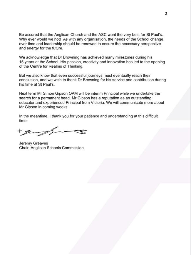 A letter was sent out to the St Paul’s community yesterday.