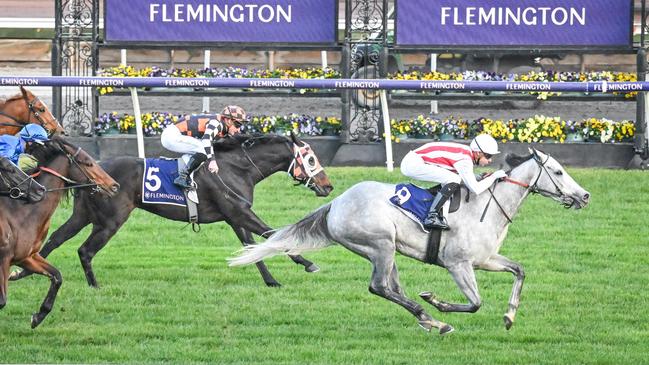 Right To Party surges to victory at Flemington in the Listed Creswick Sprint Series Final. Picture: Reg Ryan / Racing Photos via Getty Images