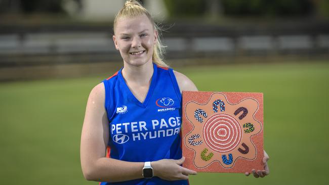 Central District’s Jessie Sandford has created an Indigenous artwork representing acceptance of each SANFLW club ahead of Saturday’s Indigenous Round clash. Picture: Roy VanDerVegt