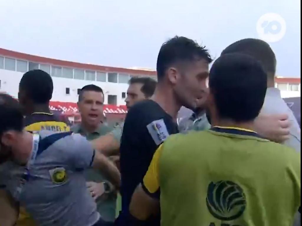 A half-time melee erupts during the Mariners’ clash with Odisha. Picture: Network 10