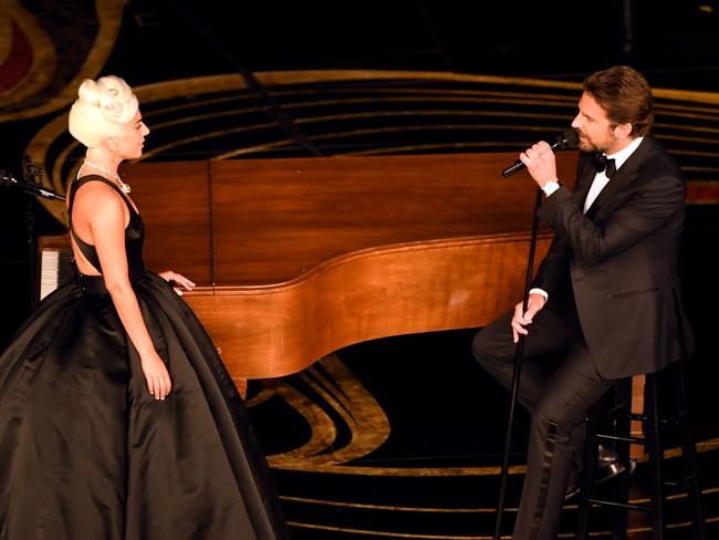 A Star Is Born duo Lady Gaga and Bradley Cooper during their intimate performance of Shallow. Picture: Getty Images