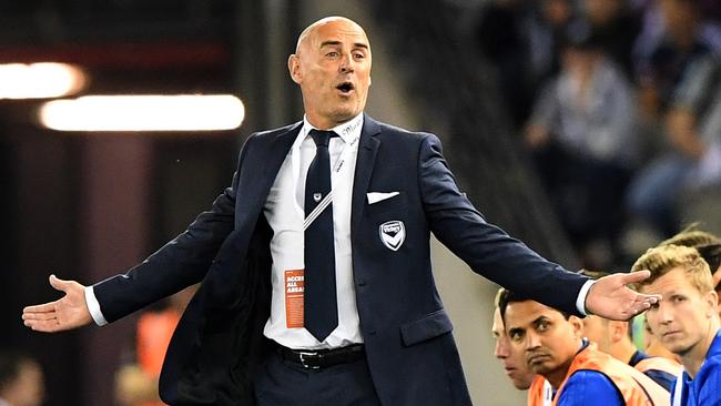 Melbourne Victory coach Kevin Muscat reacts after a referee decision