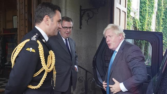 Outgoing prime minister Boris Johnson arrives to formally resign in a meeting with Queen Elizabeth II at Balmoral Castle on Tuesday. Picture: Getty Images