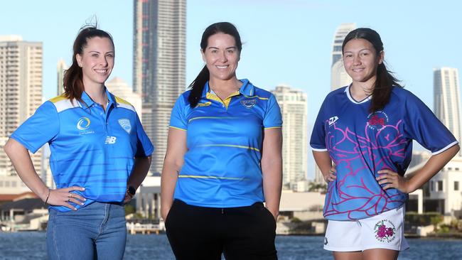 Brooklyn Manu (C) and Annaleise Stoyko (L) have been vocal advocates for greater rugby opportunities for women on the Gold Coast. Picture by Richard Gosling