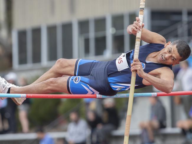 2024 Australian masters games at the Domain Athletics Centre, Domonic Carr 53 NSW during the Pole Vault. Picture: Chris Kidd