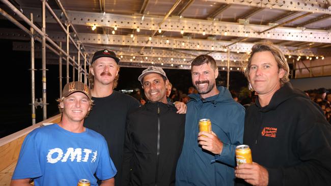 Mitch Imgraben, Huxley Wilkinson, Kaipo Guerrero, Sam Foster and Sam Smith at the WSL Gold Coast Pro 2025 after party at Burleigh Pavilion for Gold Coast at Large. Picture, Portia Large.